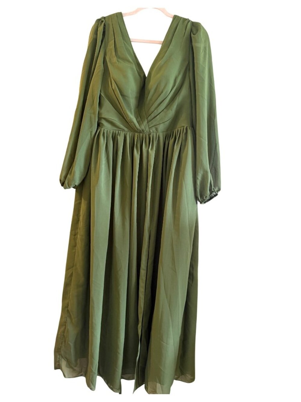 Elegant Olive Green Long Sleeve Maxi Dress With V Neck & Back Tie Detail NWT